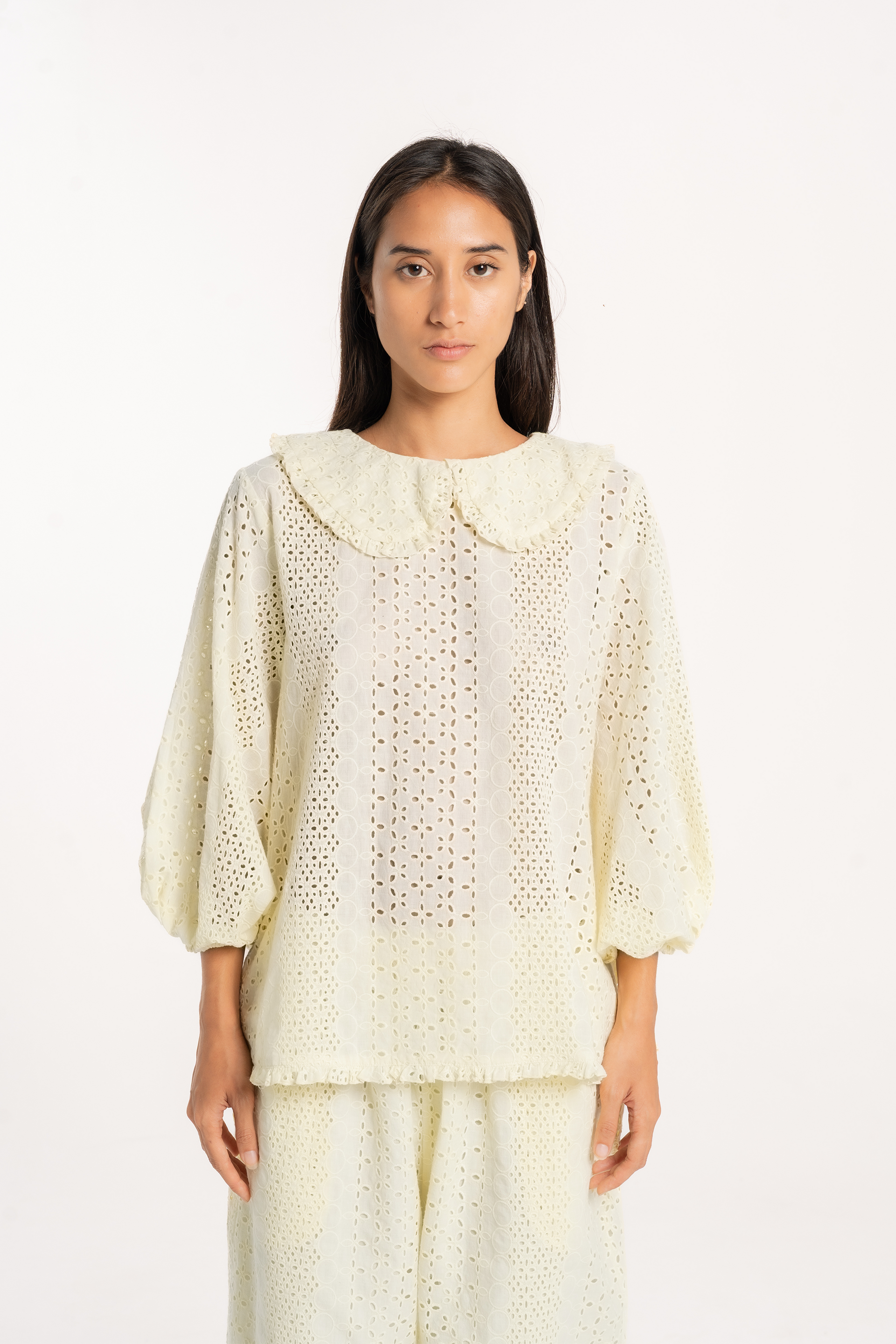Honeycomb Collared Frill Smock Top